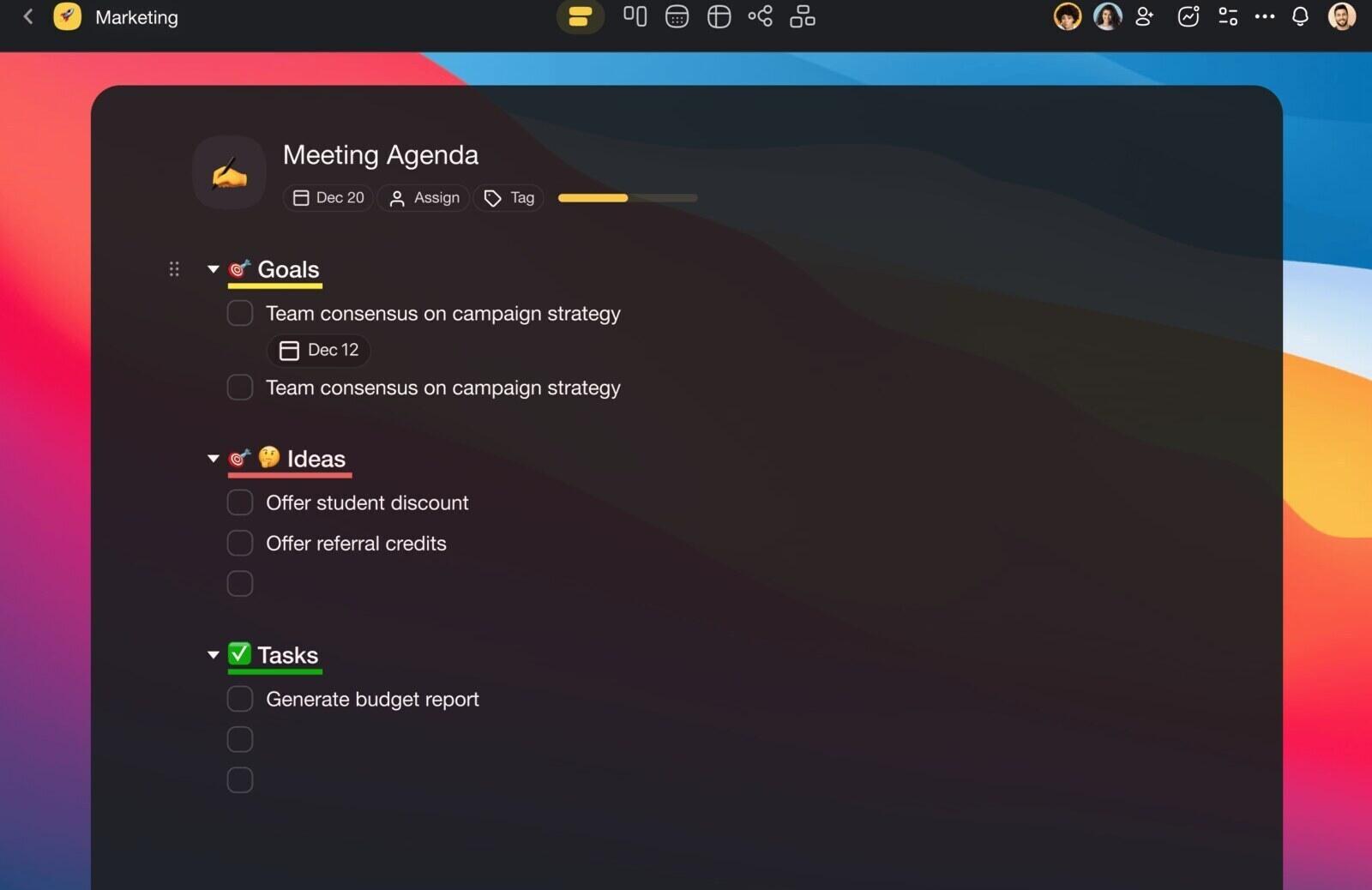 Taskade project with a meeting agenda split into goals, ideas and tasks, each with checkboxes