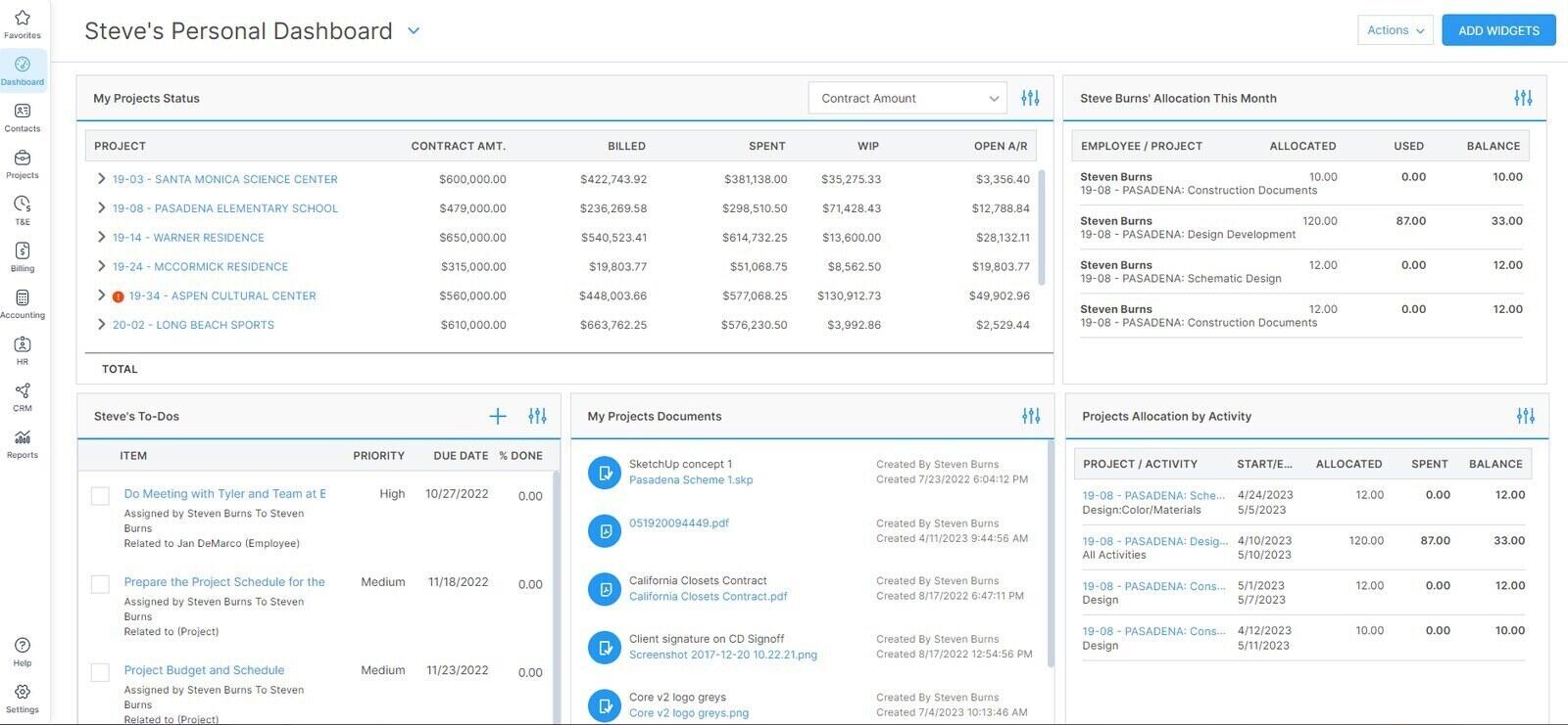 BQE CORE dashboard showing project status with contract, billed, spent and work-in-progress figures, monthly allocation and to-dos