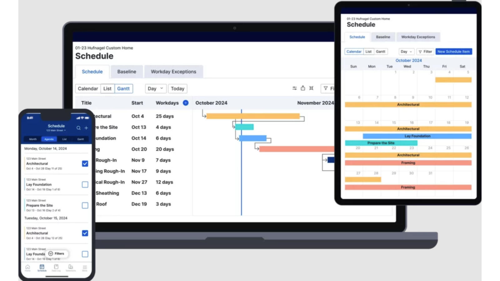 Buildertrend job schedule as a Gantt on desktop, a month calendar on tablet and a task list on mobile