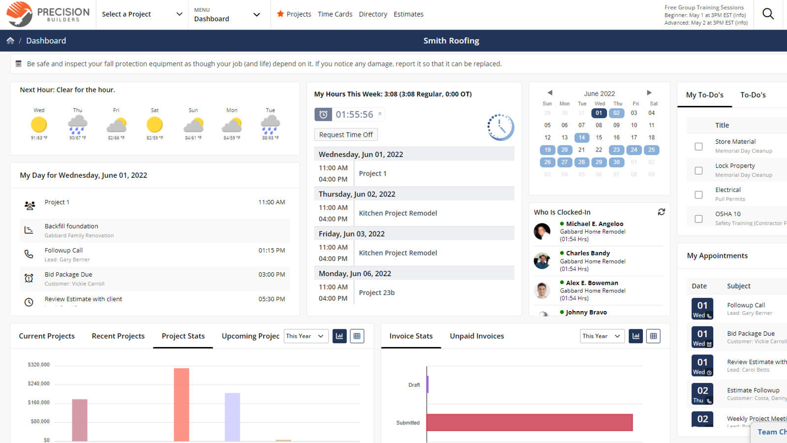 Contractor Foreman dashboard with hours for the week, who is clocked in, appointments, to-dos and invoice stats