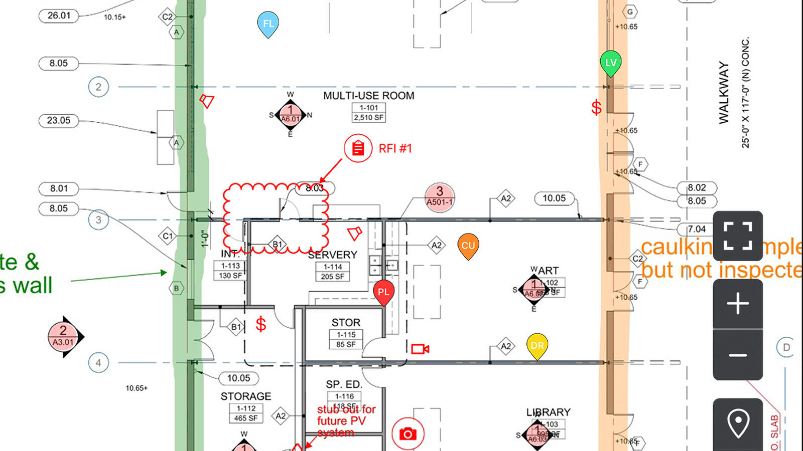 Fieldwire plan view with tasks and RFIs pinned to locations on the drawing, alongside the markup tools