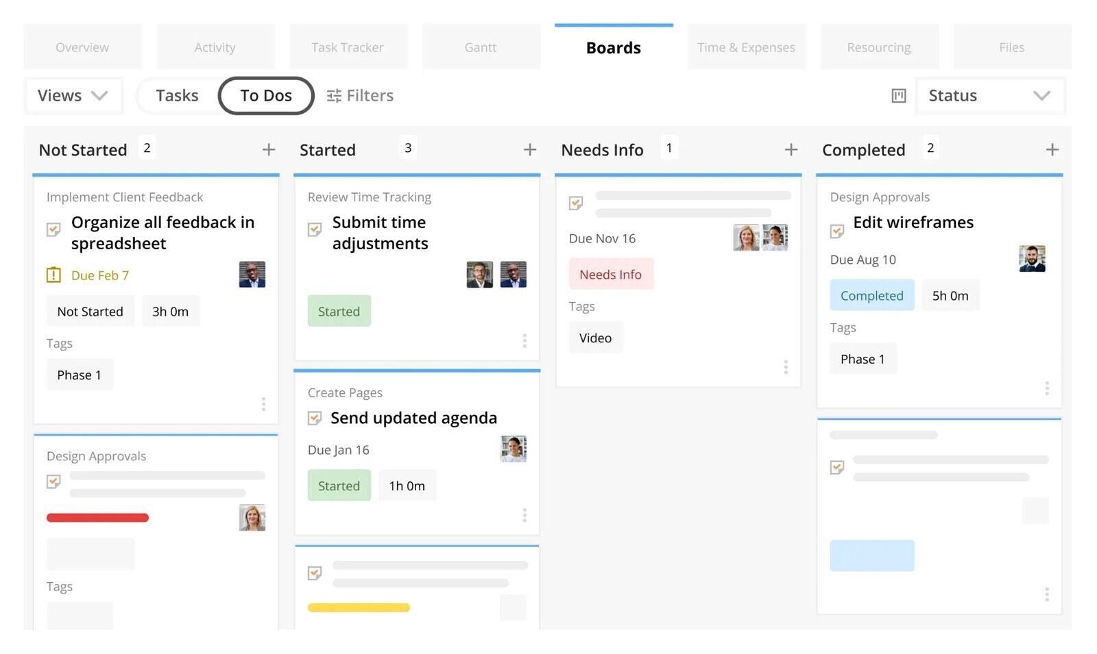 Kantata project board view with task cards, tabs for time and expenses and resourcing