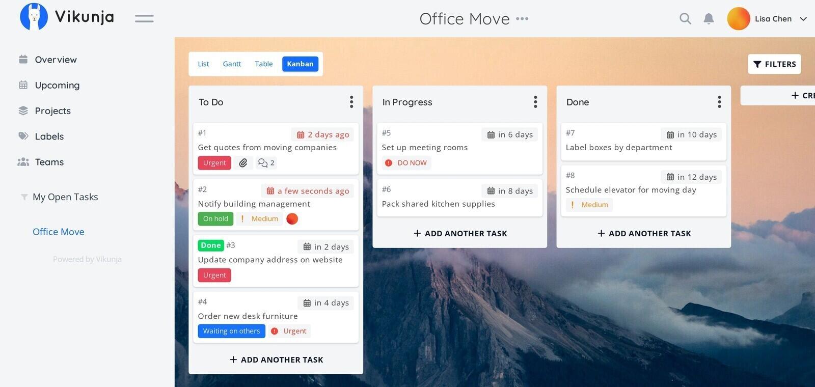 Todoist alternative Vikunja, showing its Kanban board view