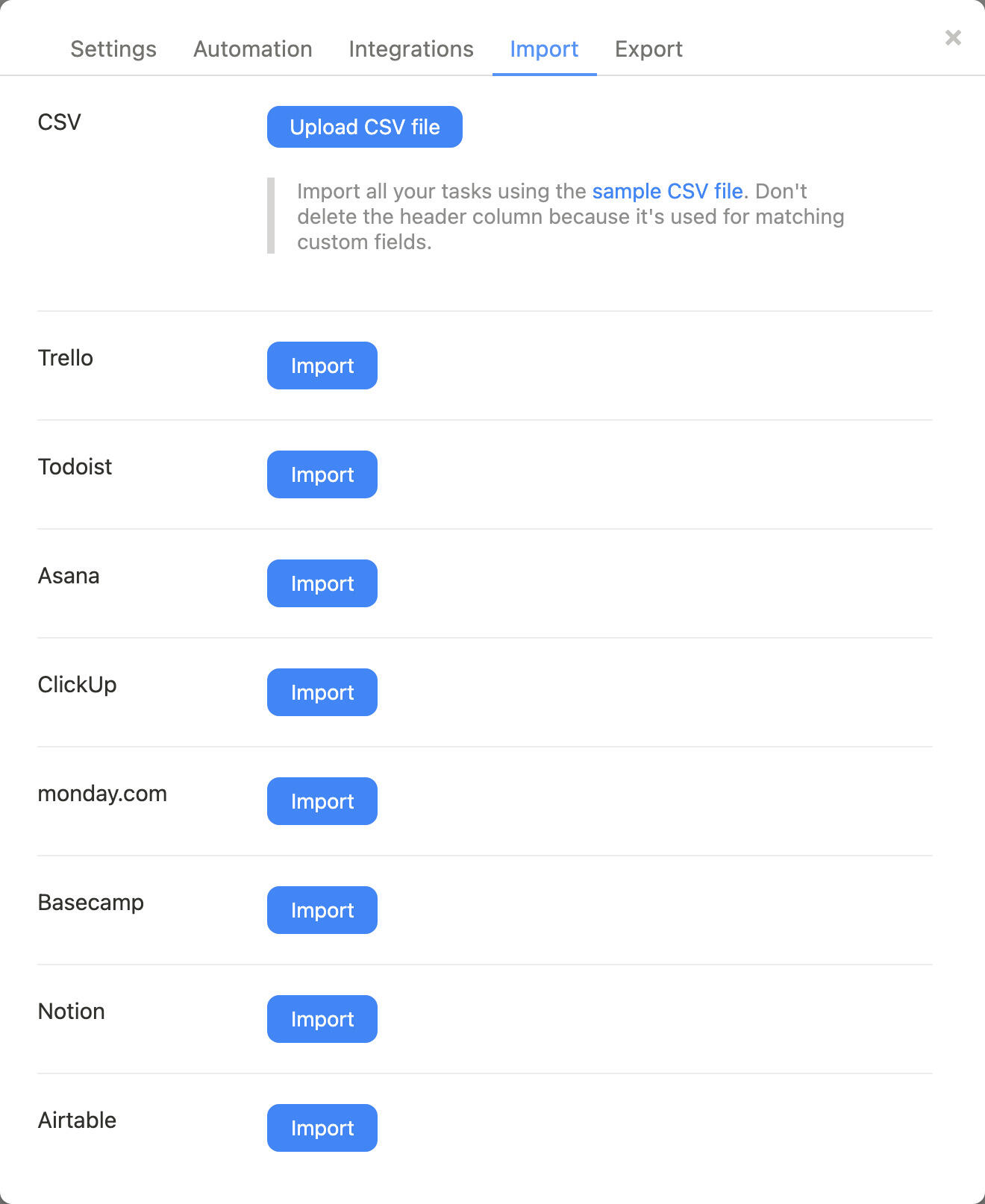 The Import tab in project settings, with the CSV upload and the list of tools