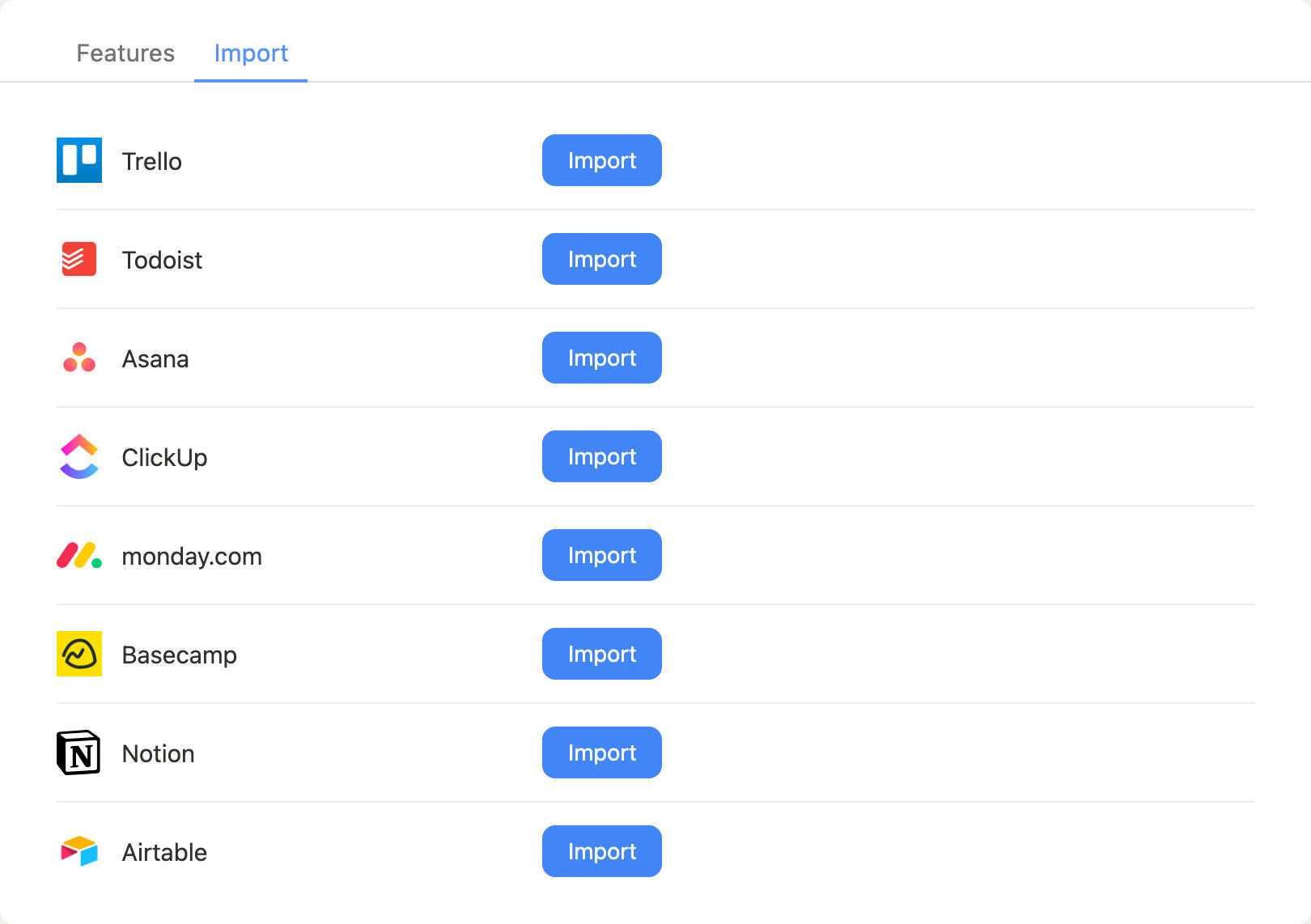 The Import tab in Breeze settings, listing every tool you can import from