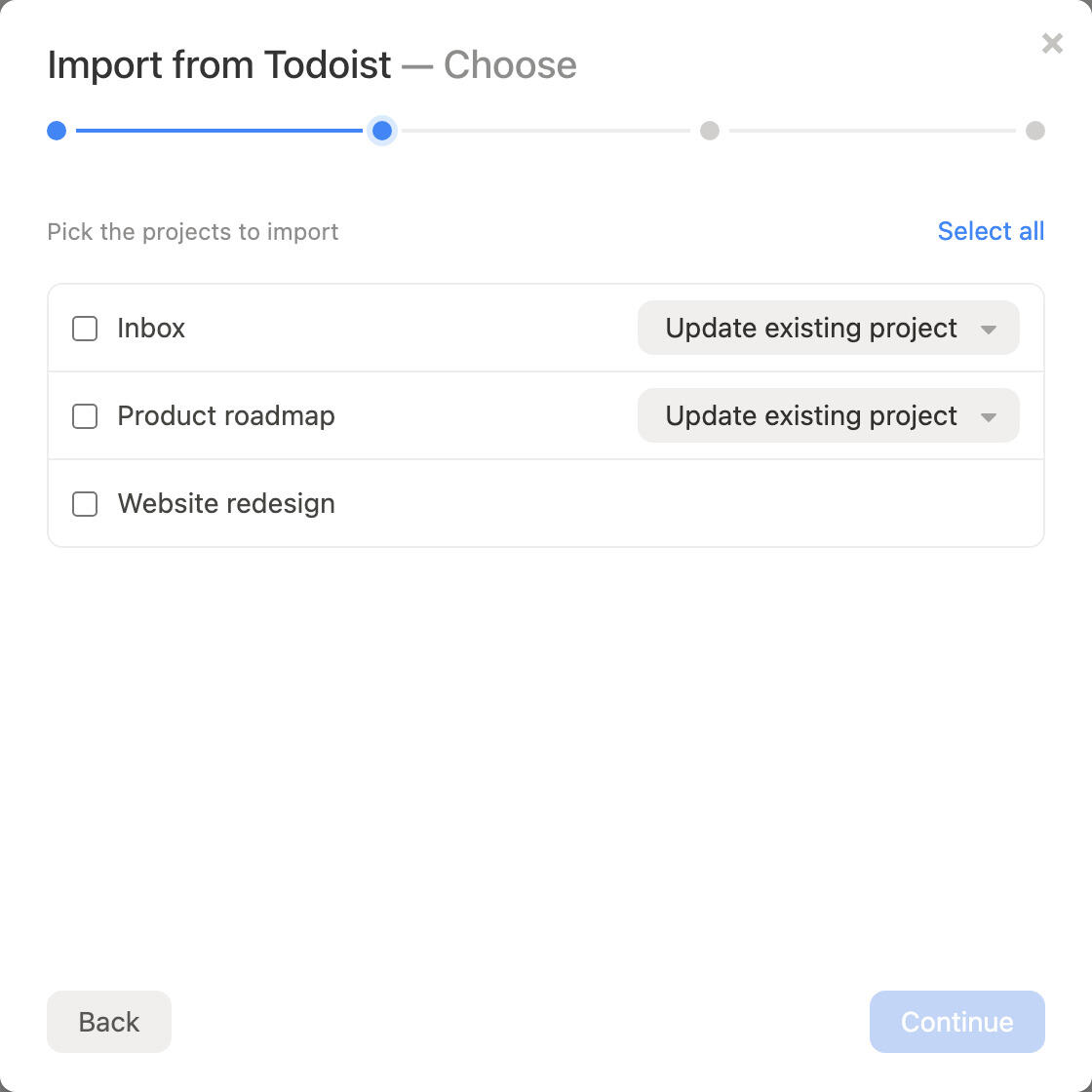 Choosing which projects to import