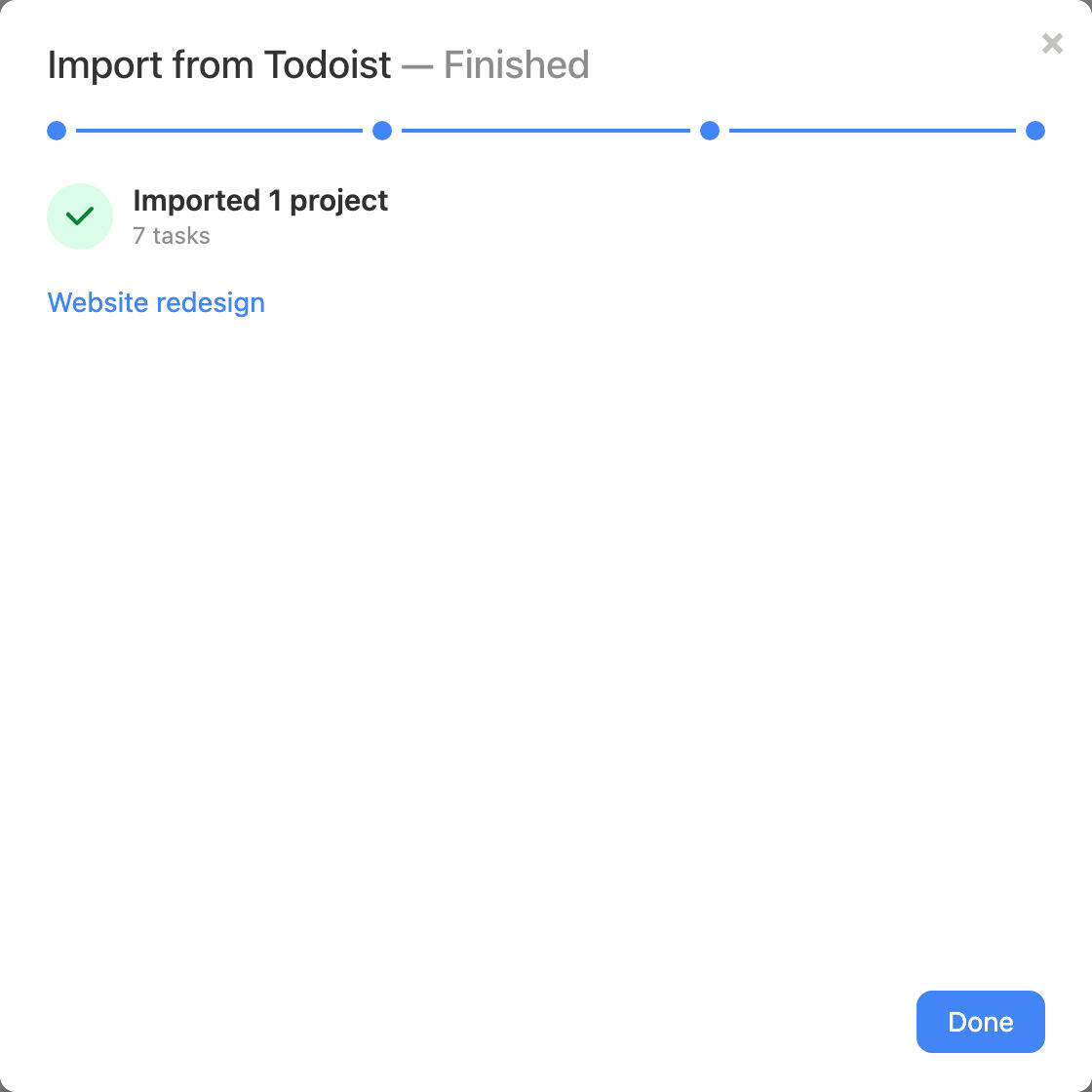 A finished import, with a link to the new project