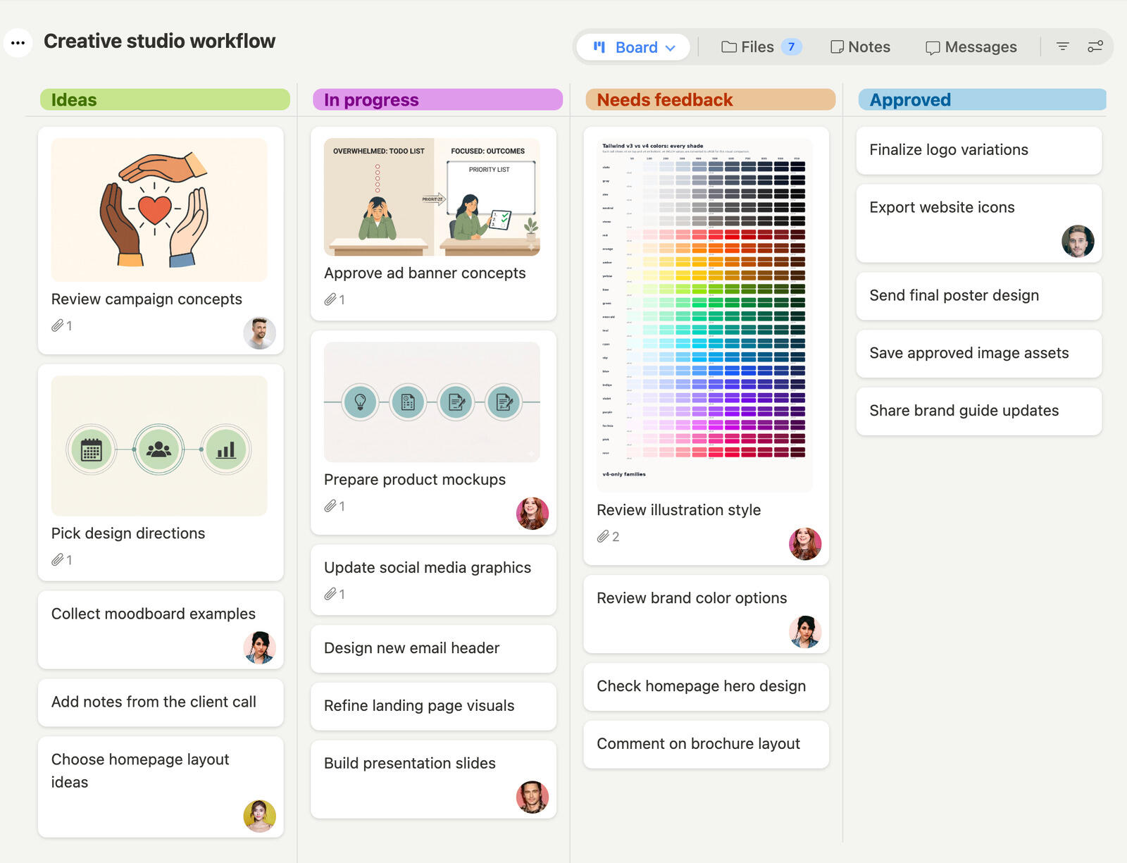 Design team board for managing creative work from brief to delivery