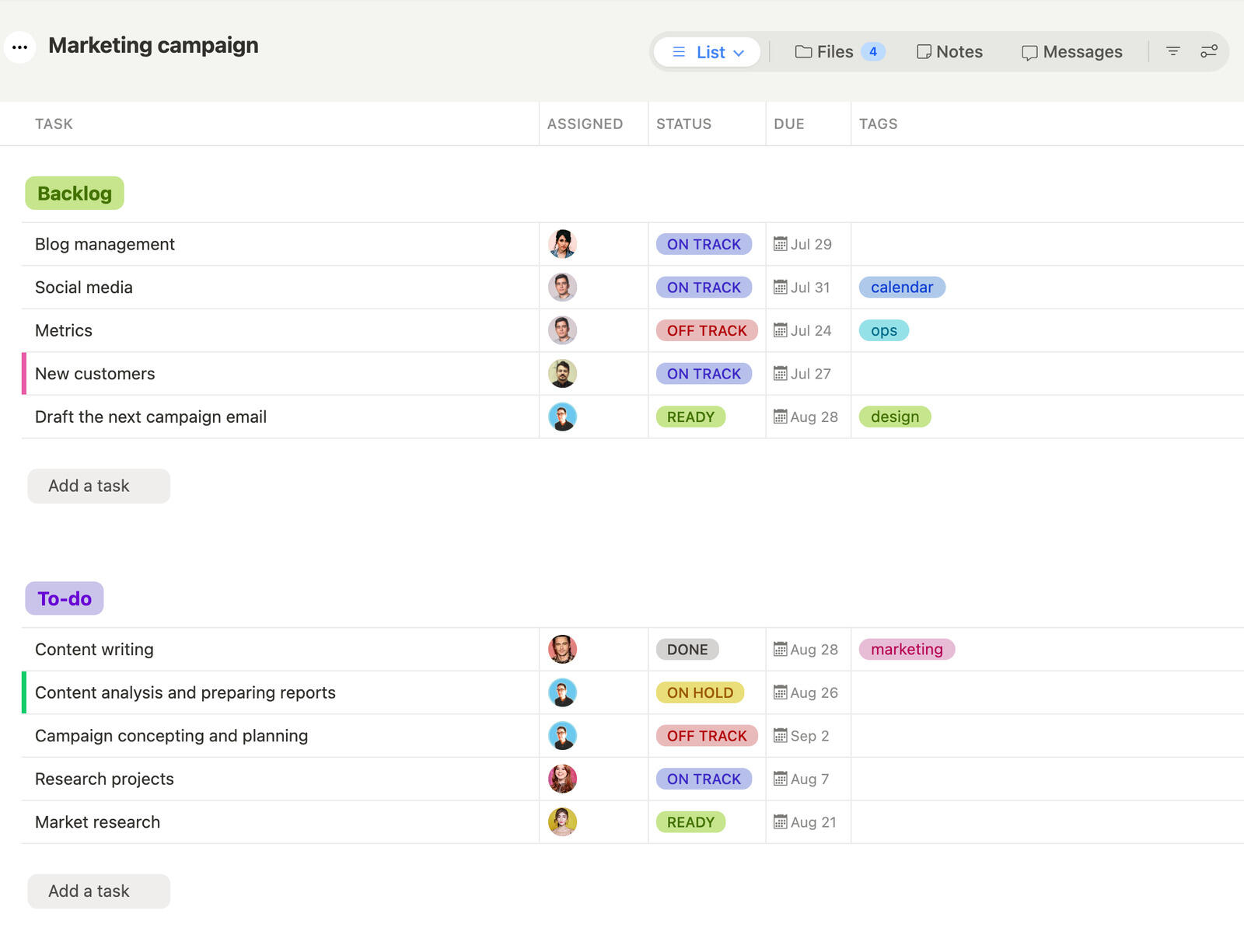 Marketing campaign board for planning content, assets, and deadlines