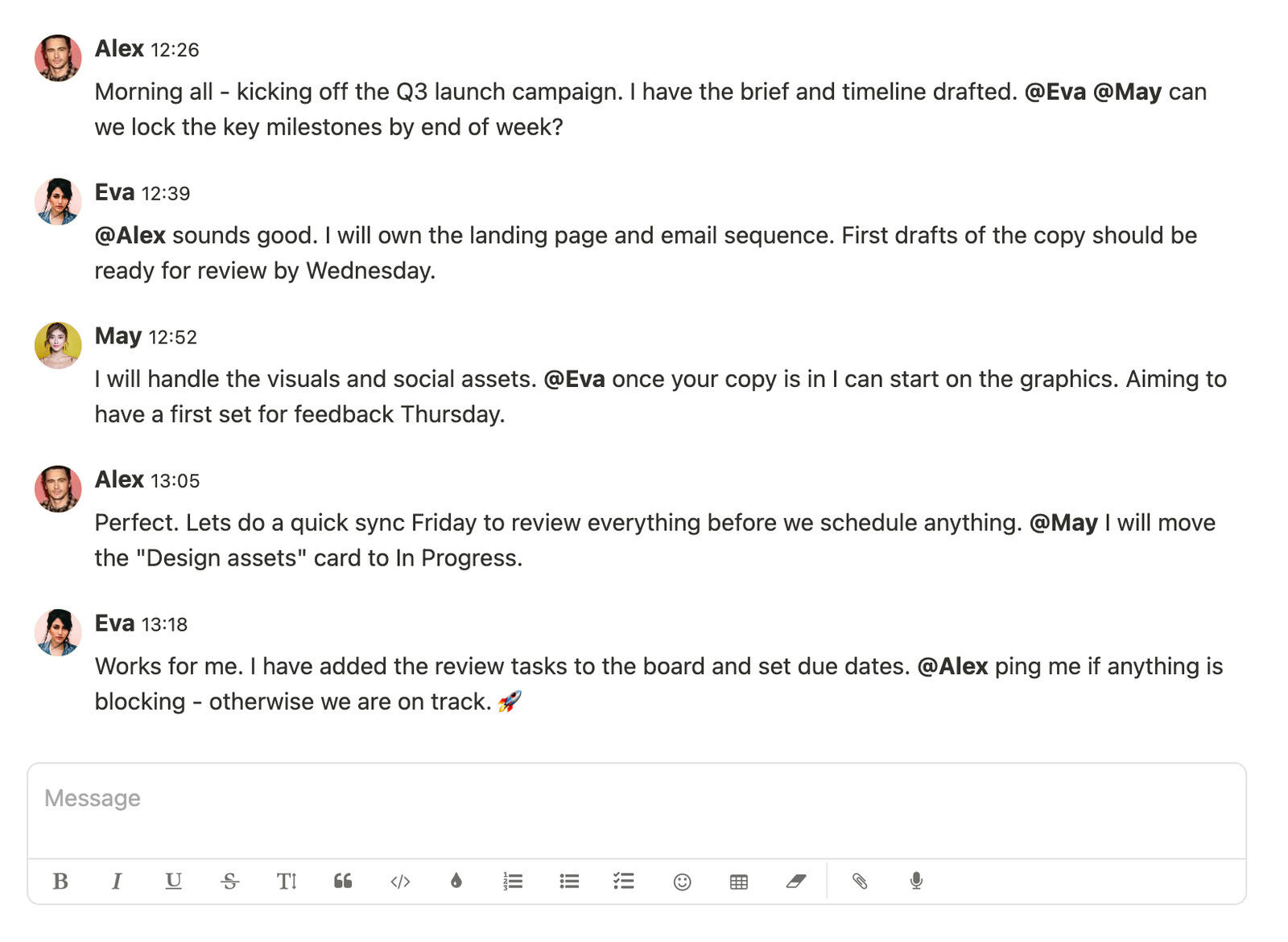 Team chat keeping project conversations and updates in one place