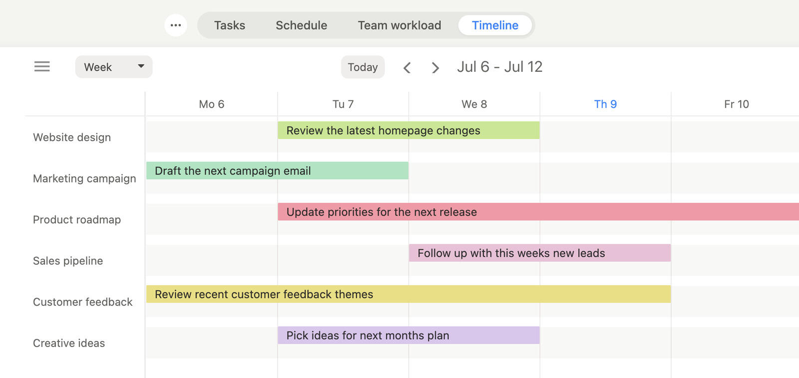 Project timeline and calendar with scheduled tasks laid out by date