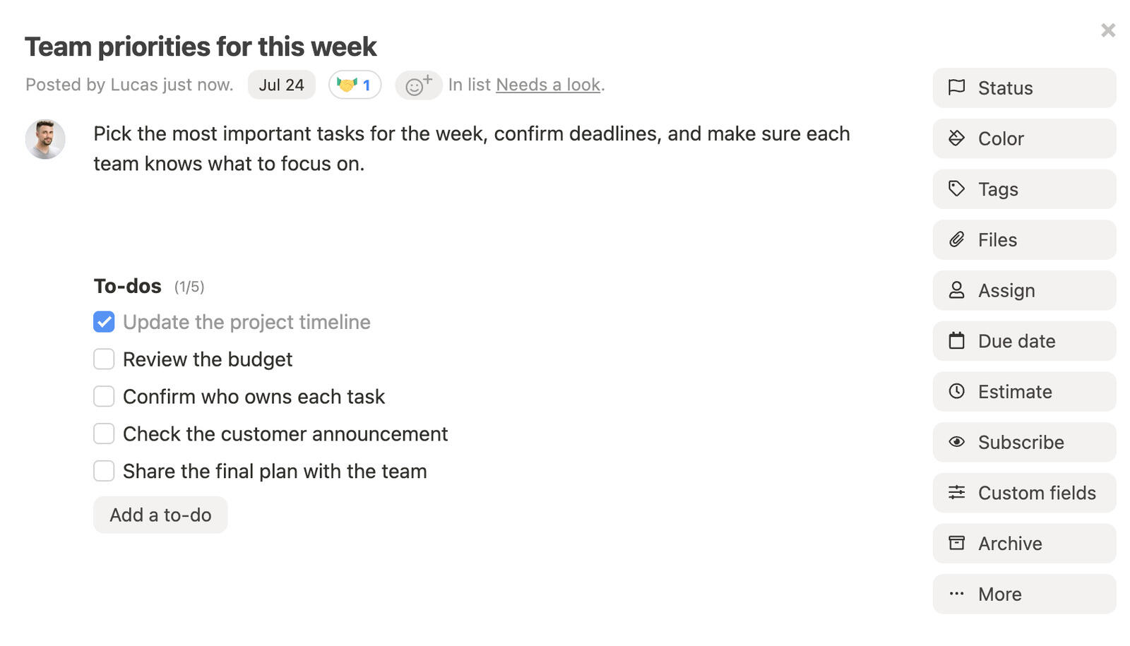 Task details view with description, to-dos, comments, files, and due date